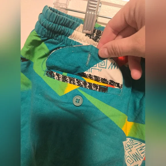 80s 90s Retro Vintage Colorful Geometric Patterned Swim Trunk Shorts - Picture 3 of 7